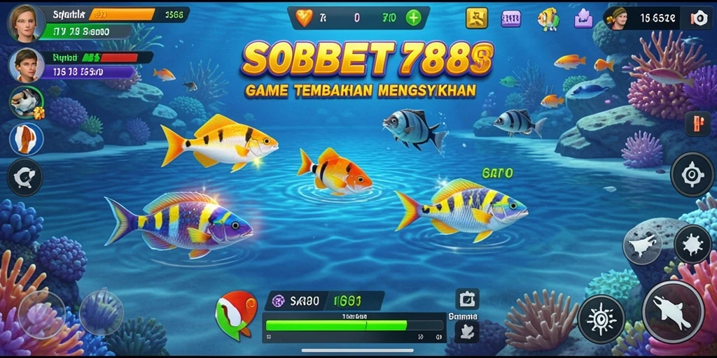 Screenshot gameplay SOBET88 yang menarik dengan ikan berwarna-warni.