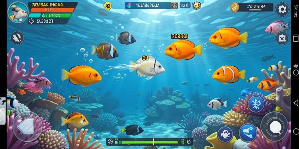 Tangkapan layar menunjukkan gameplay intens V21 dengan aksi menembak ikan.